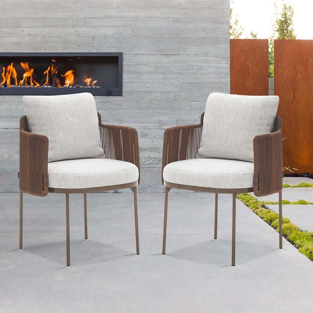 Modern Beige & Brown Rattan Arm Chair Set for Outdoor Dining