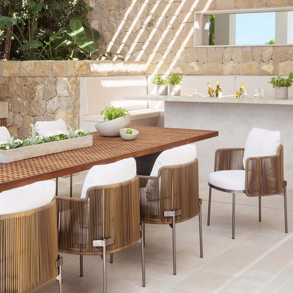 Modern Beige & Brown Rattan Arm Chair Set for Outdoor Dining