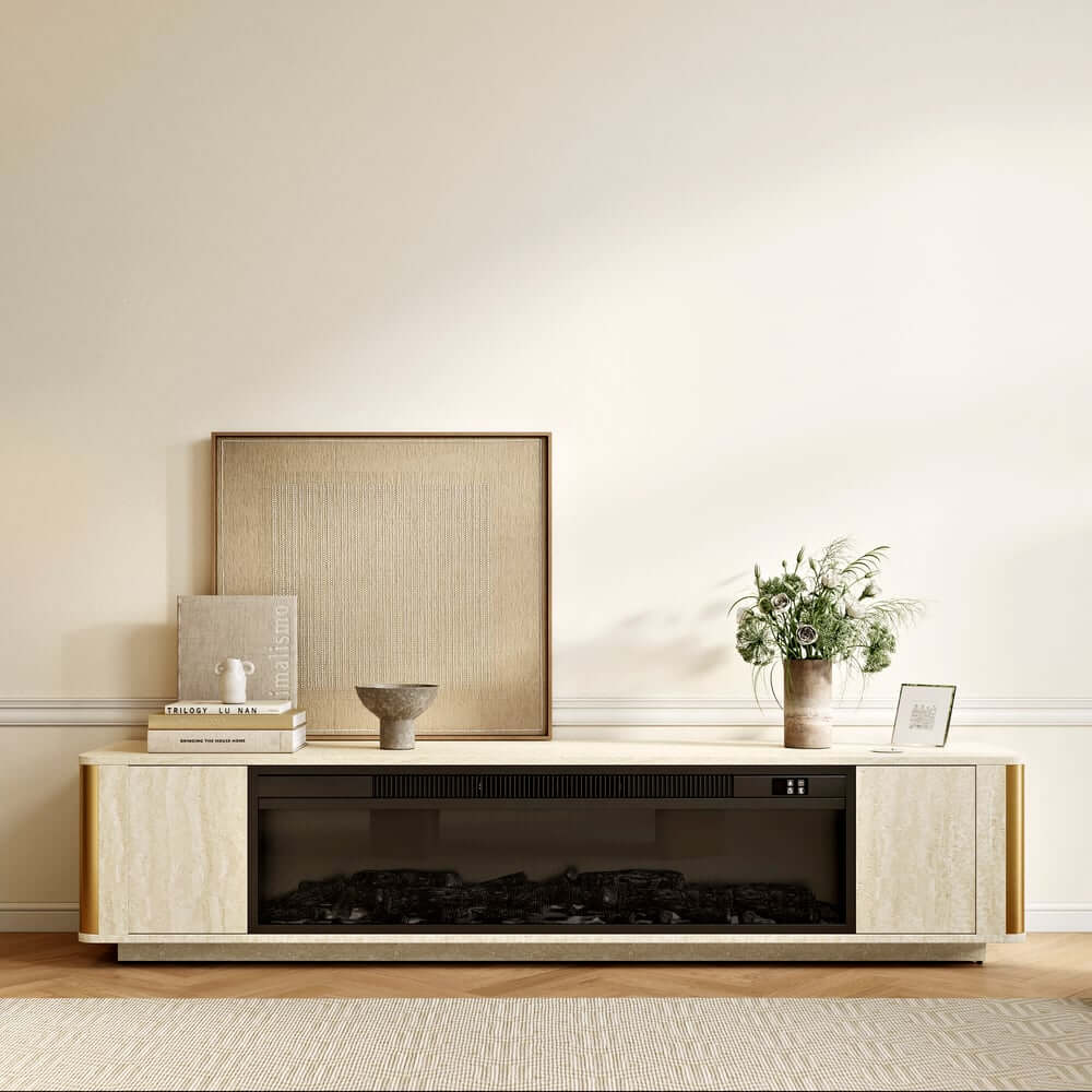Modern Beige Electric Fireplace TV Stand 70-79"