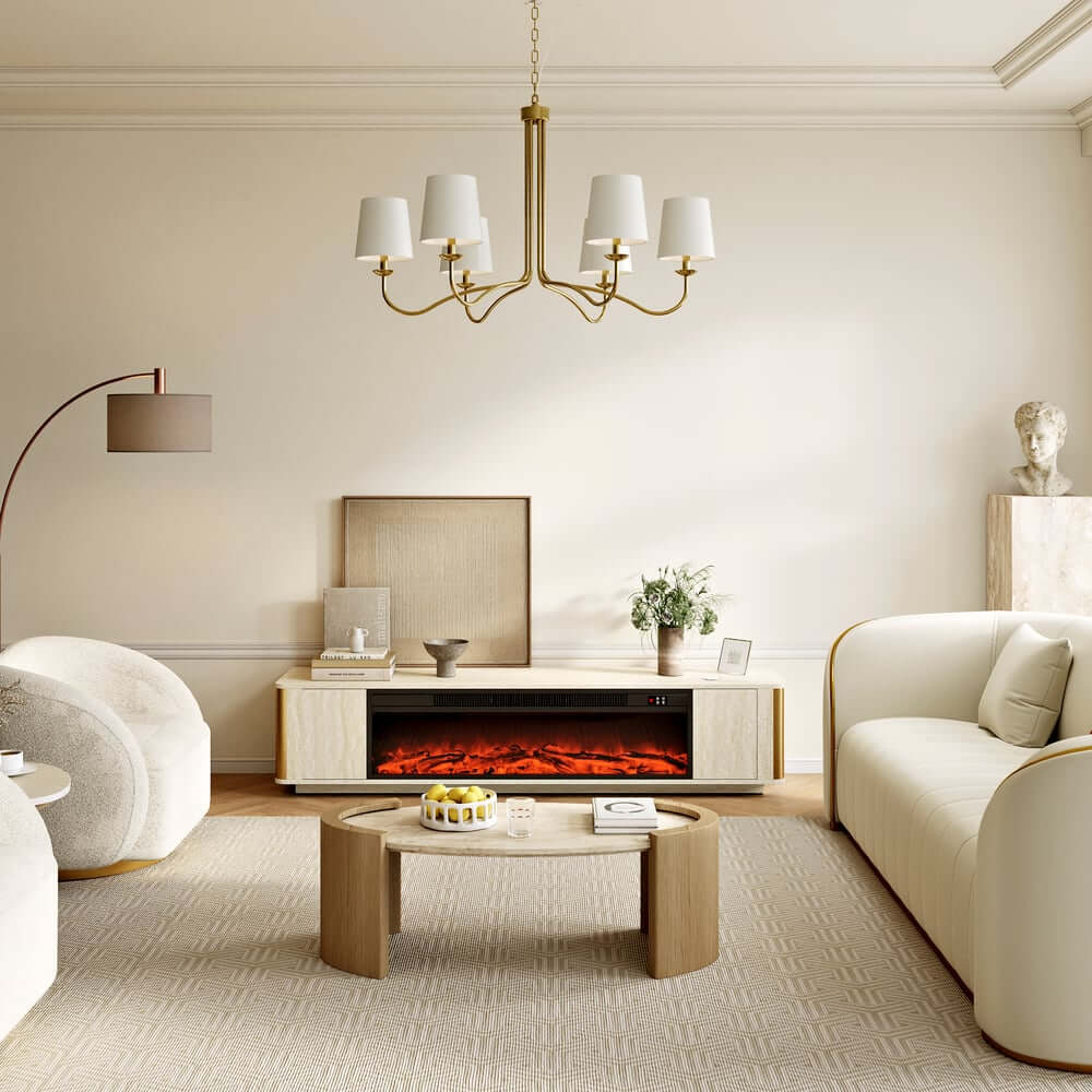Modern Beige Electric Fireplace TV Stand 70-79"