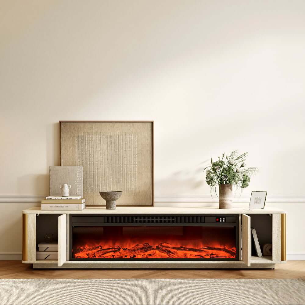 Modern Beige Electric Fireplace TV Stand 70-79"