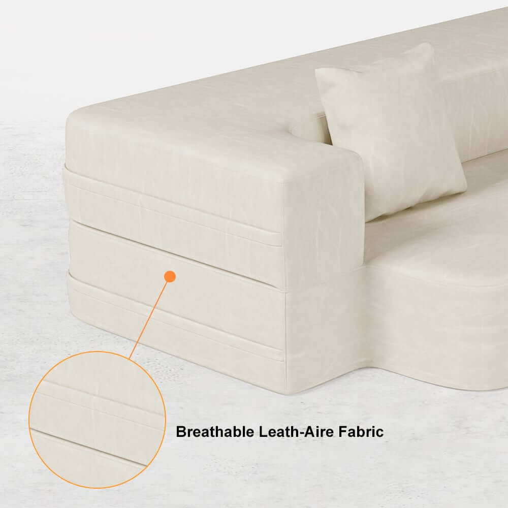 Modern Beige Faux Leather Futon Sofa Bed With Square Arms