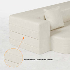 Modern Beige Faux Leather Futon Sofa Bed With Square Arms