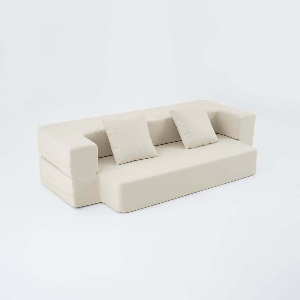 Modern Beige Faux Leather Futon Sofa Bed With Square Arms