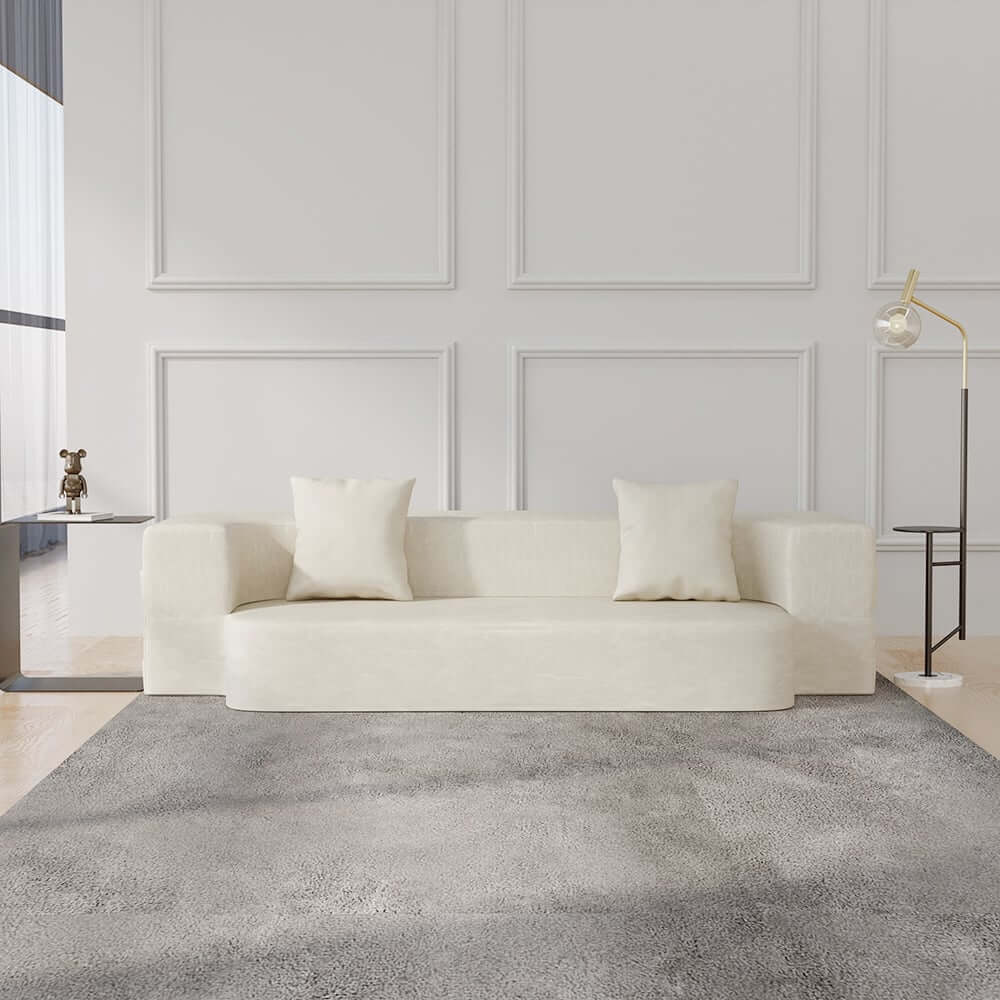 Modern Beige Faux Leather Futon Sofa Bed With Square Arms
