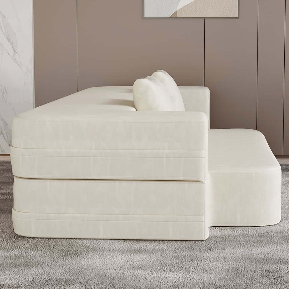 Modern Beige Faux Leather Futon Sofa Bed With Square Arms