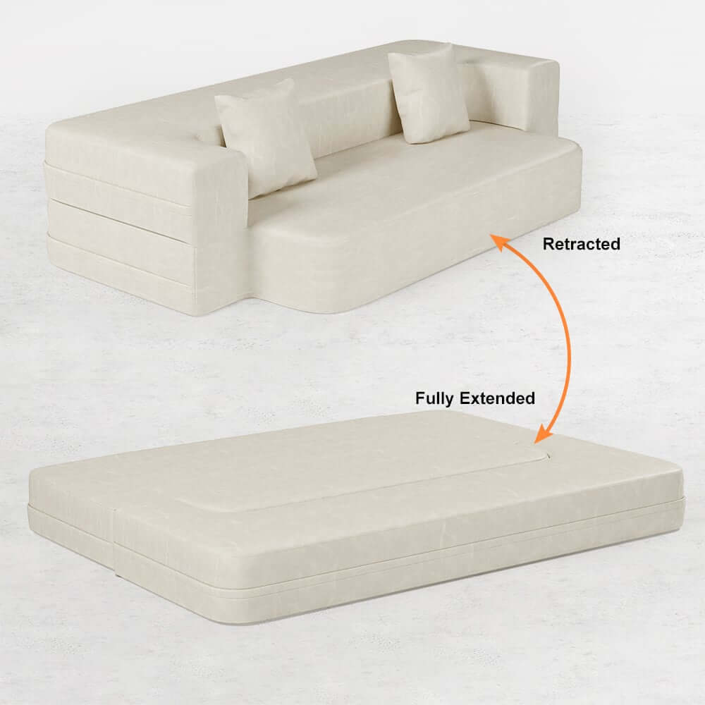 Modern Beige Faux Leather Futon Sofa Bed With Square Arms