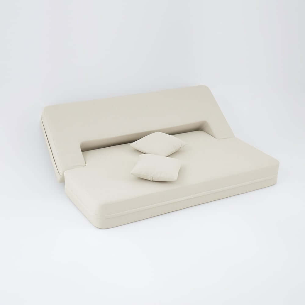 Modern Beige Faux Leather Futon Sofa Bed With Square Arms