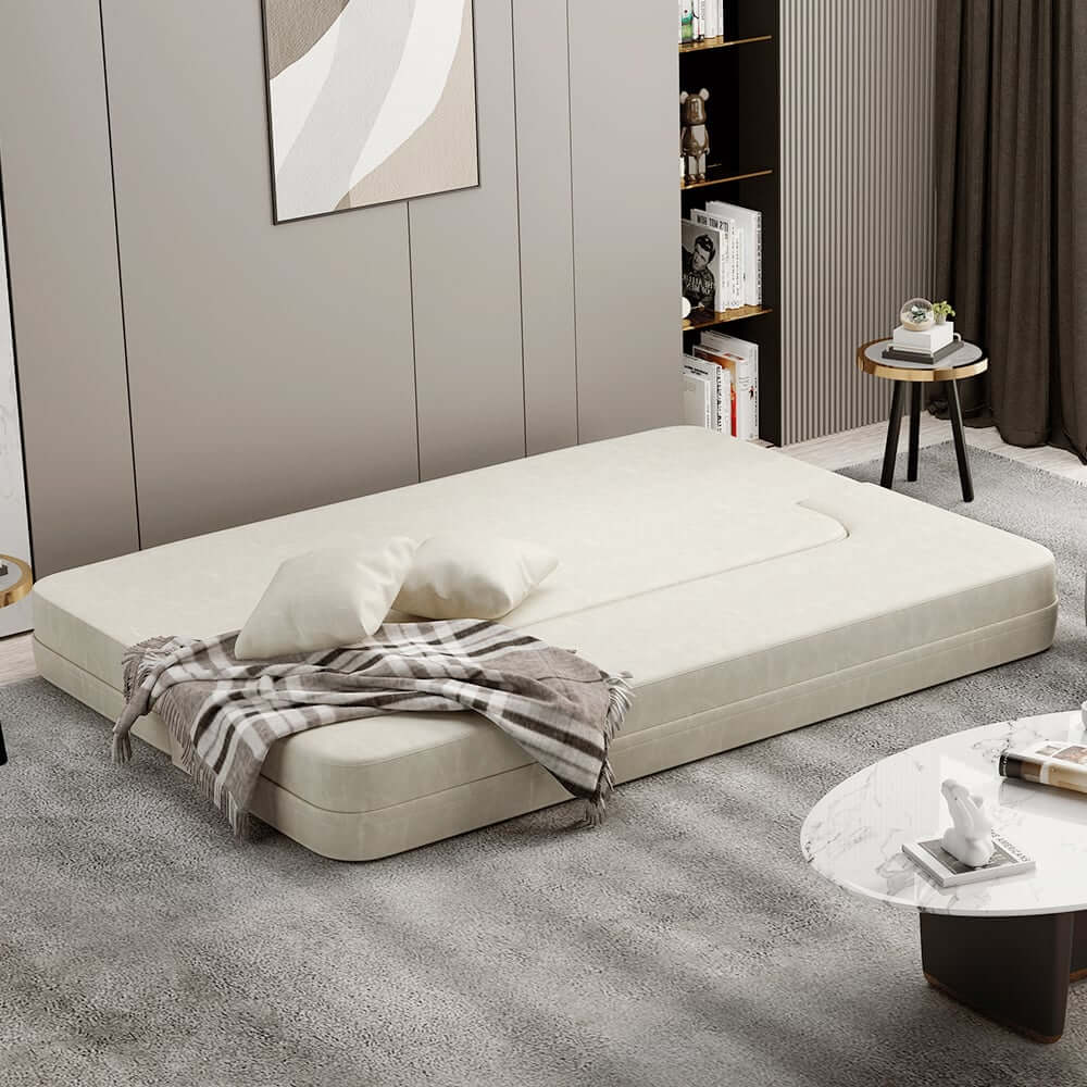 Modern Beige Faux Leather Futon Sofa Bed With Square Arms