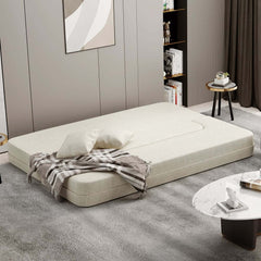 Modern Beige Faux Leather Futon Sofa Bed With Square Arms