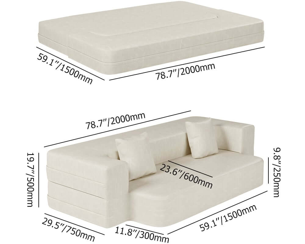 Modern Beige Faux Leather Futon Sofa Bed With Square Arms Dimensions