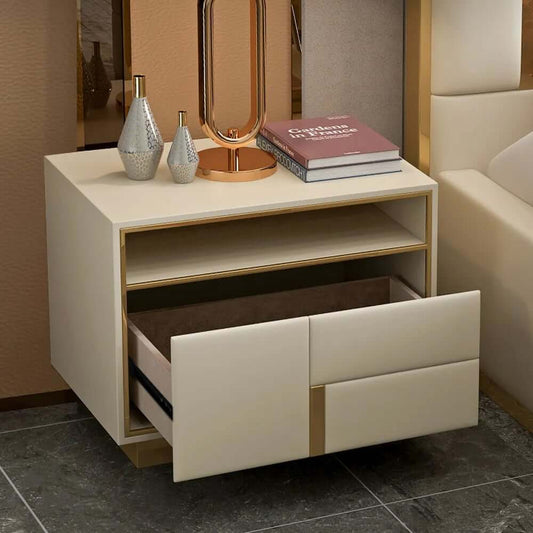 Modern Beige Faux Leather Nightstand With Drawer