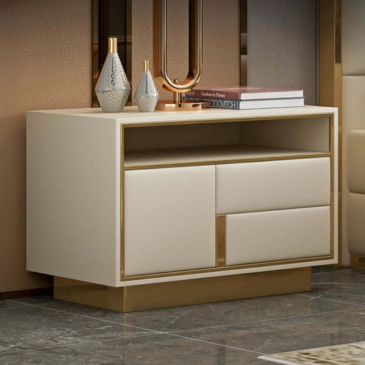 Modern Beige Faux Leather Nightstand With Drawer Main Product Image
