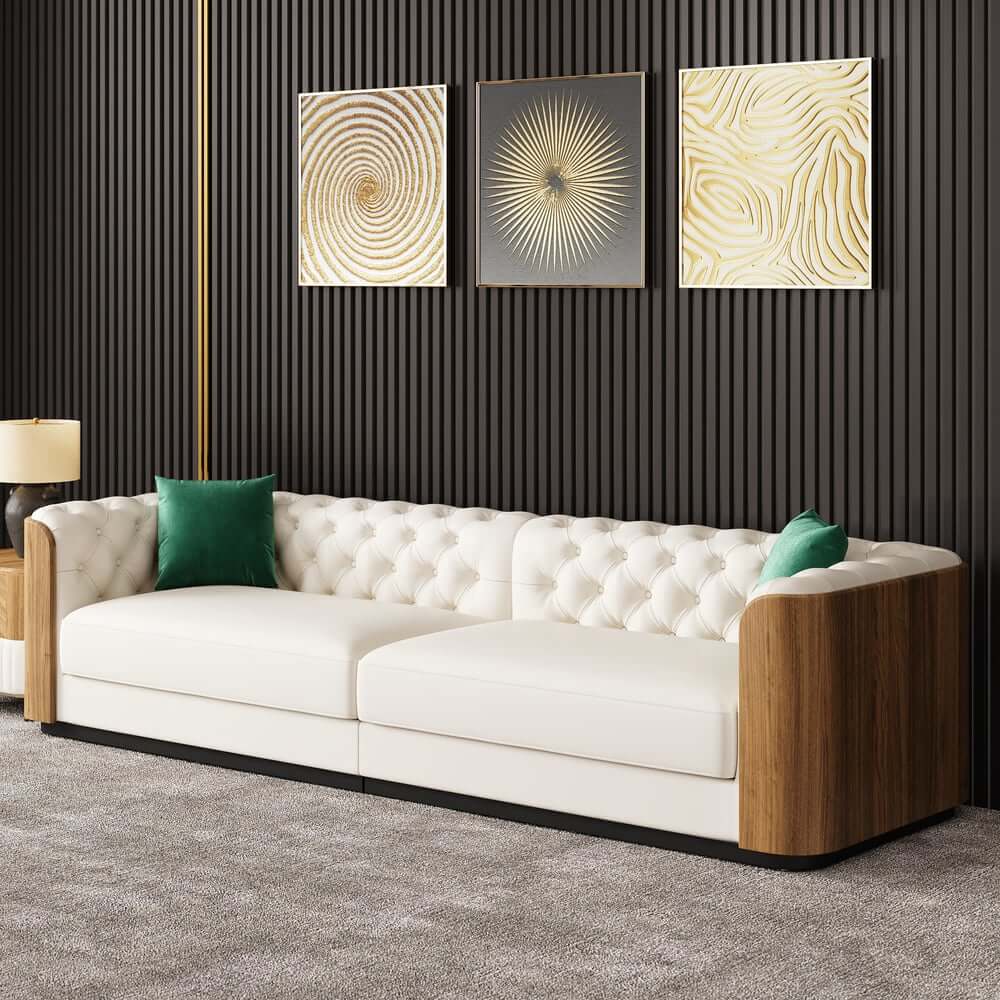 Modern Beige Faux Leather Sectional Sofa Set - 3 Pieces