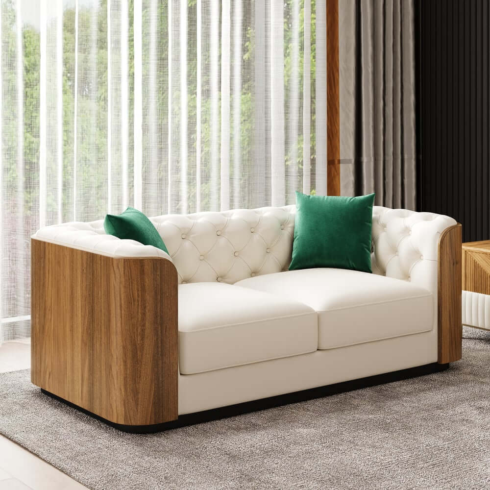 Modern Beige Faux Leather Sectional Sofa Set - 3 Pieces