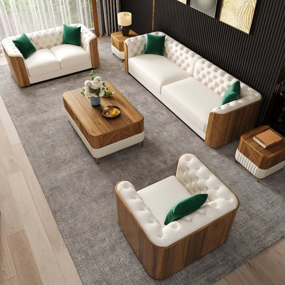 Modern Beige Faux Leather Sectional Sofa Set - 3 Pieces Main Product Image