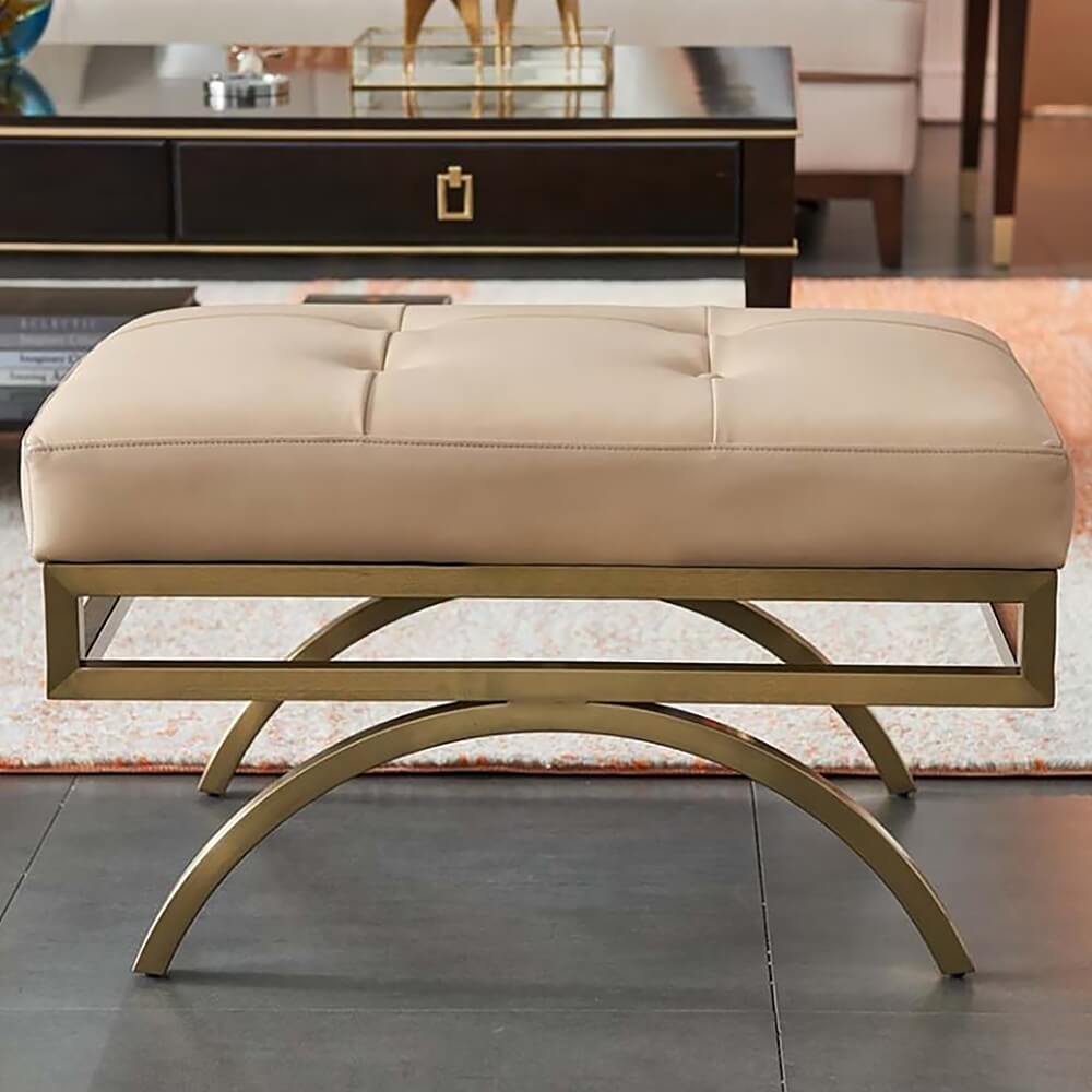 Modern Beige Leather Backless Stool with Gold Metal Base
