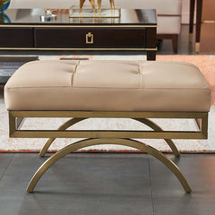Modern Beige Leather Backless Stool with Gold Metal Base