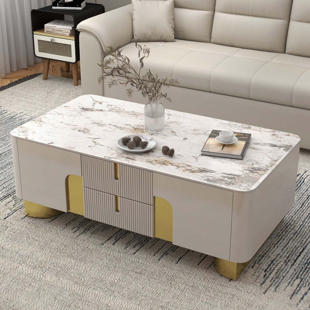 Modern Beige Sintered Stone Coffee Table With Storage