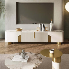 Modern Beige Sintered Stone TV Stand with Gold Base