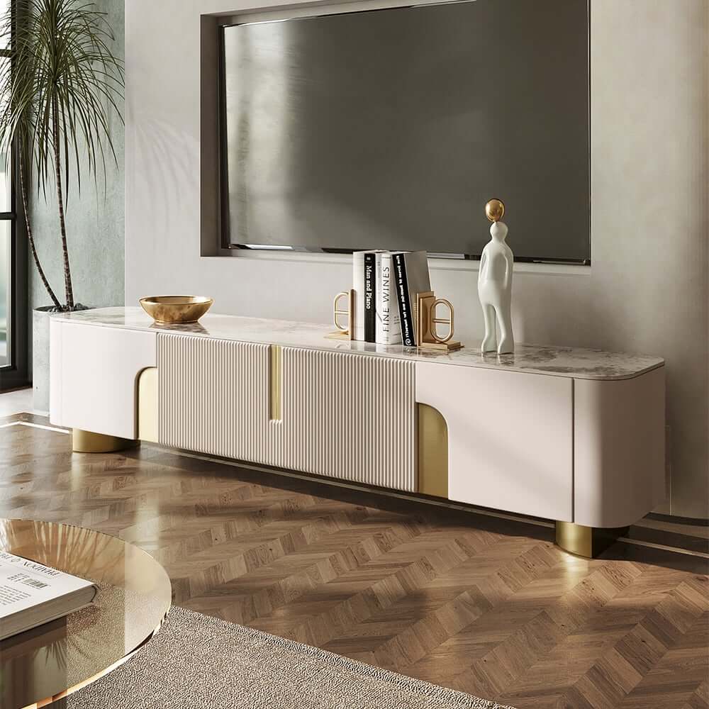 Modern Beige Sintered Stone TV Stand with Gold Base
