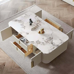 Modern Beige Sintered Stone TV Stand with Gold Base