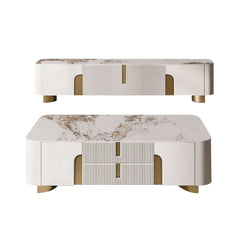 Modern Beige Sintered Stone TV Stand with Gold Base