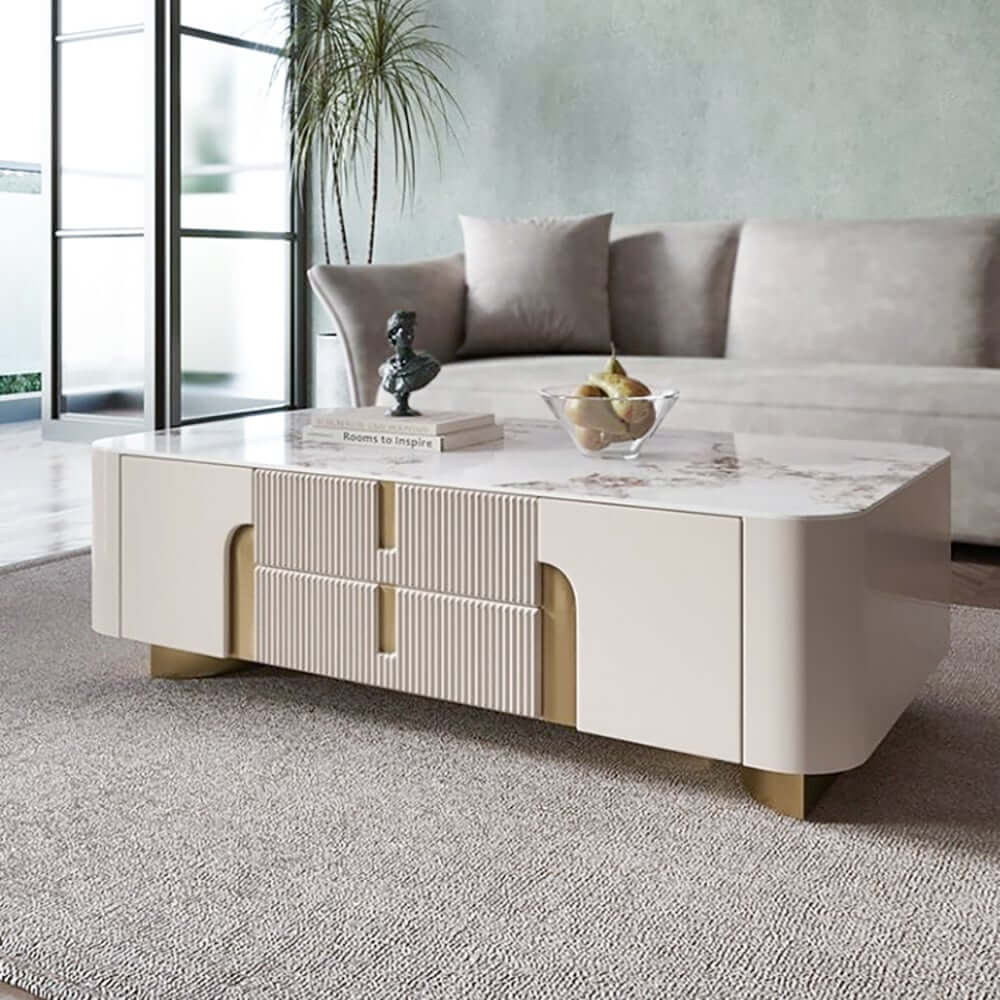Modern Beige Sintered Stone TV Stand with Gold Base