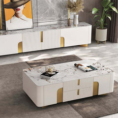 Modern Beige Sintered Stone TV Stand with Gold Base
