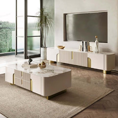 Modern Beige Sintered Stone TV Stand with Gold Base