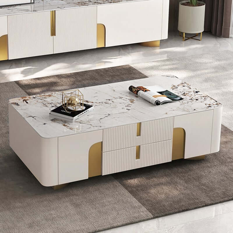 Modern Beige Sintered Stone TV Stand with Gold Base