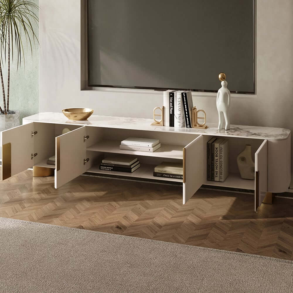 Modern Beige Sintered Stone TV Stand with Gold Base