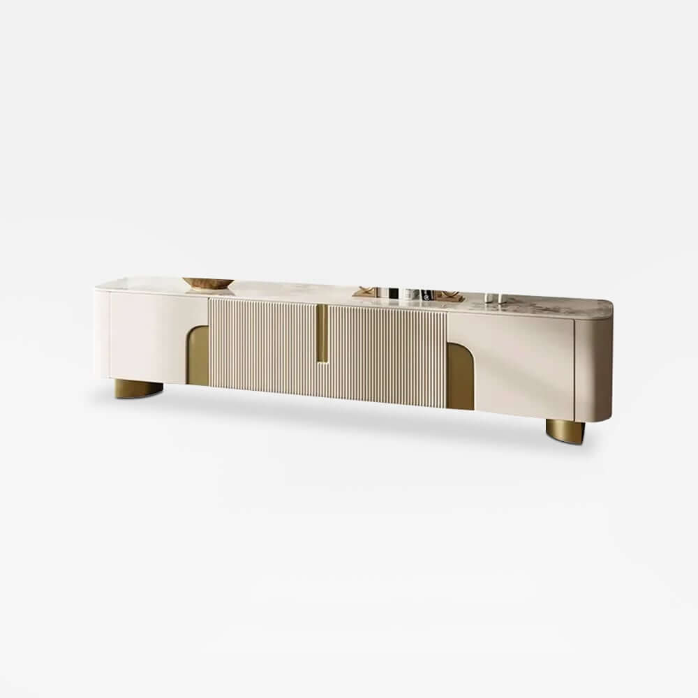 Modern Beige Sintered Stone TV Stand with Gold Base