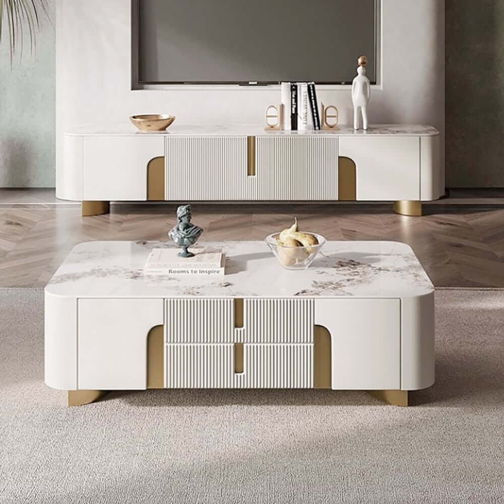 Modern Beige Sintered Stone TV Stand with Gold Base Main Product Image