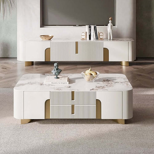 Modern Beige Sintered Stone TV Stand with Gold Base Main Product Image