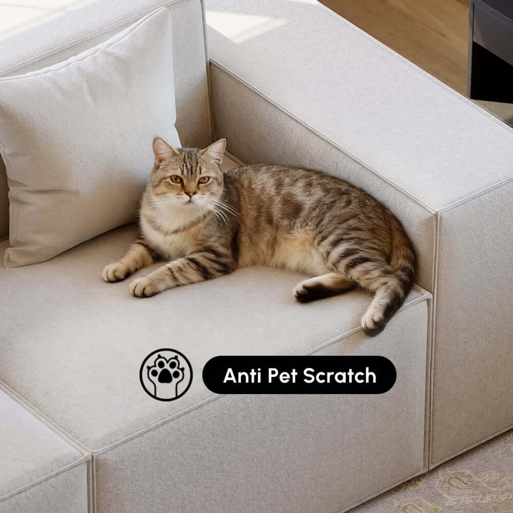 Modern Beige Velvet Modular Sectional Sofa with Square Arms