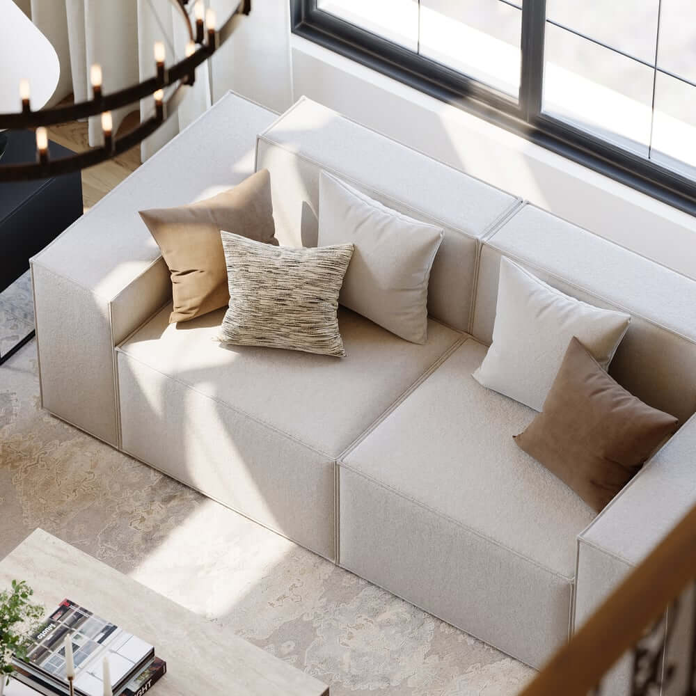 Modern Beige Velvet Modular Sectional Sofa with Square Arms