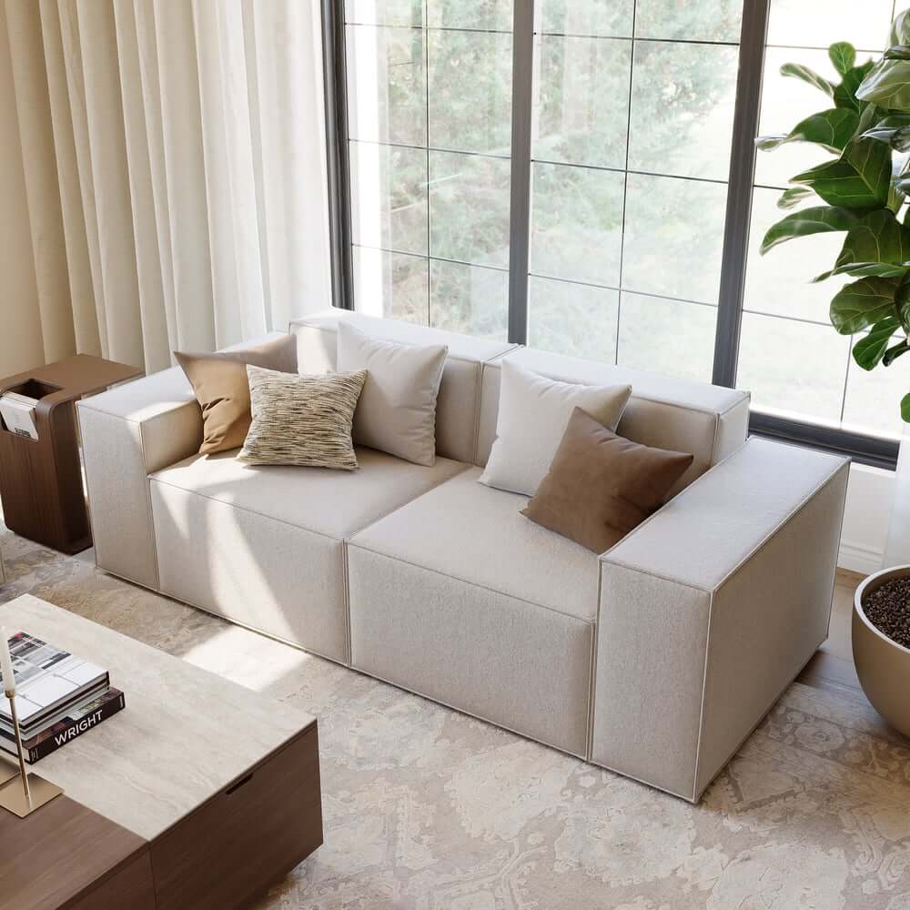 Modern Beige Velvet Modular Sectional Sofa with Square Arms