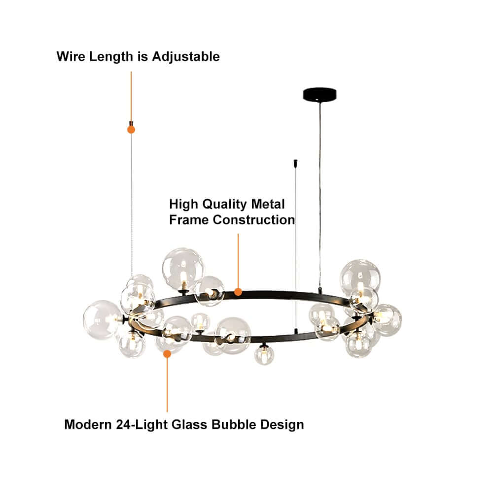 Modern Black 24-Light Bubble Chandelier with Clear Glass Shades