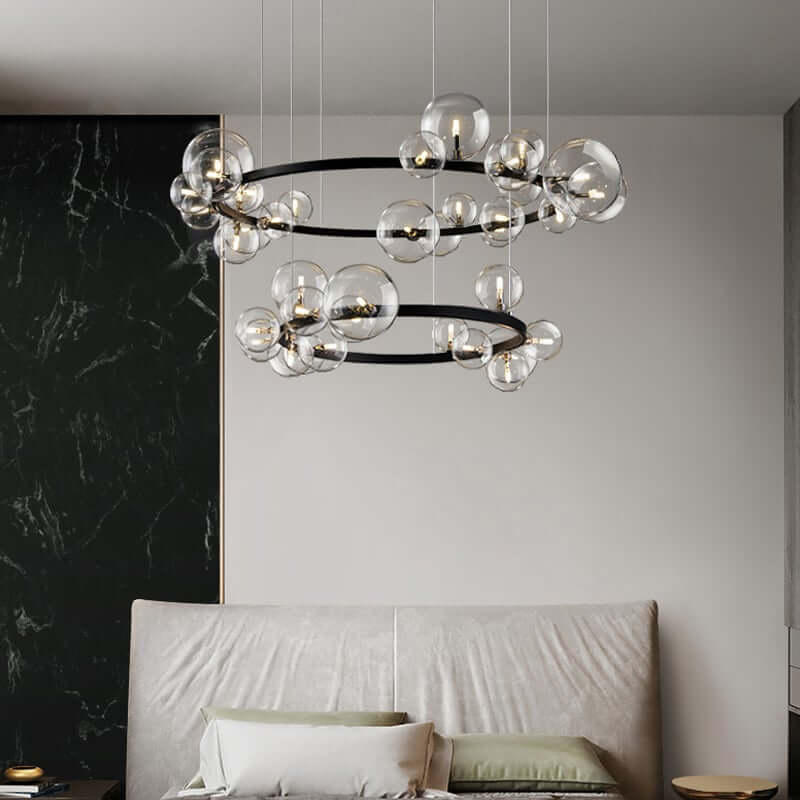 Modern Black 24-Light Bubble Chandelier with Clear Glass Shades