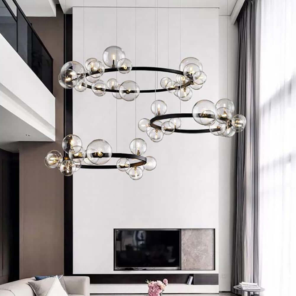 Modern Black 24-Light Bubble Chandelier with Clear Glass Shades