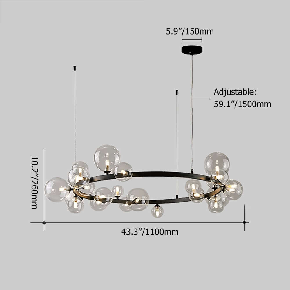 Modern Black 24-Light Bubble Chandelier with Clear Glass Shades Dimensions
