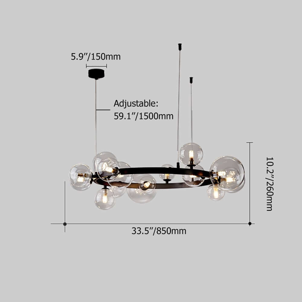 Modern Black 24-Light Bubble Chandelier with Clear Glass Shades Dimensions