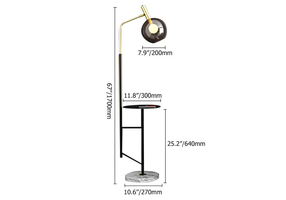Modern Black and Gold Floor Lamp with Amber Glass Shade Dimensions