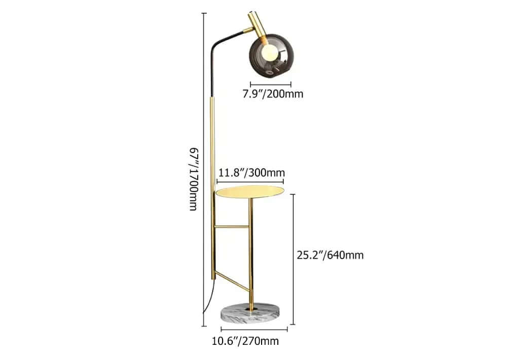 Modern Black and Gold Floor Lamp with Amber Glass Shade Dimensions