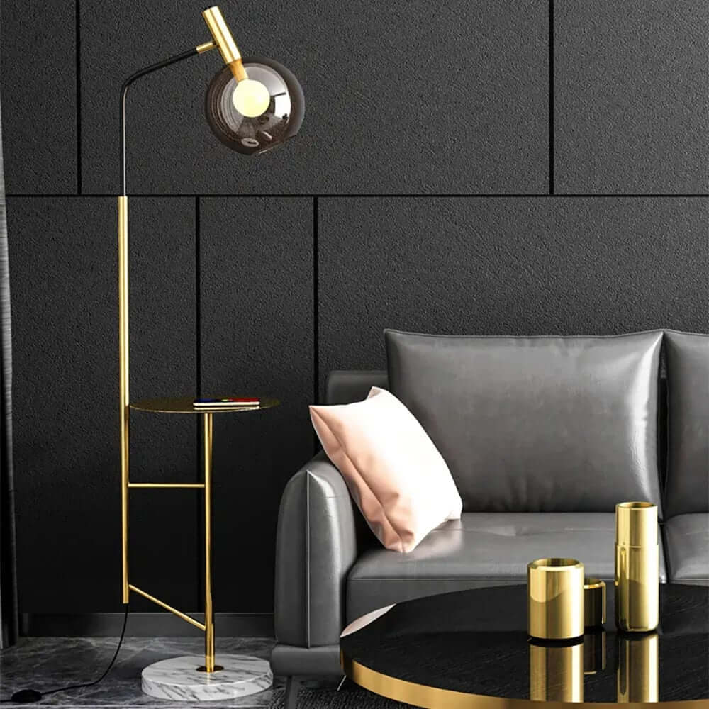 Modern Black and Gold Floor Lamp with Amber Glass Shade Main Product Image