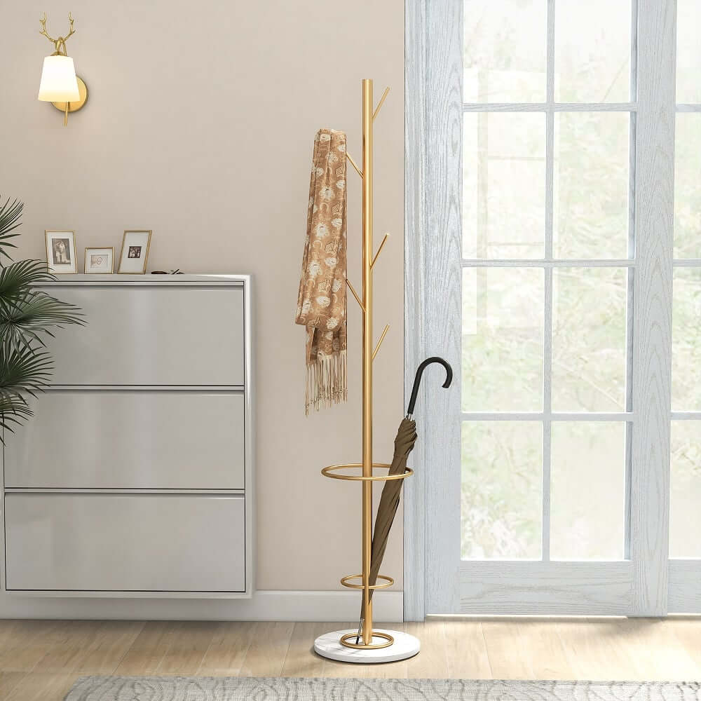 Modern Black and Gold Freestanding Coat Rack with Faux Marble Base