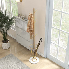 Modern Black and Gold Freestanding Coat Rack with Faux Marble Base