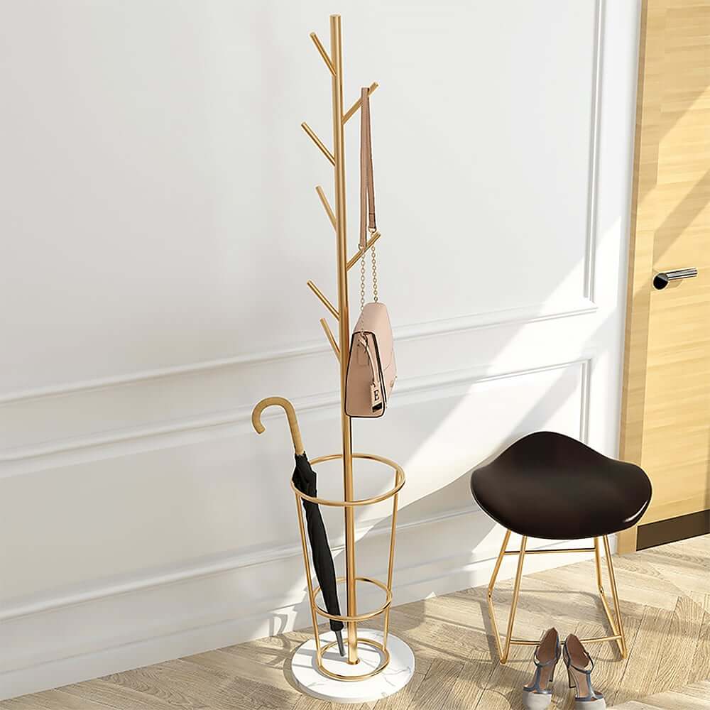 Modern Black and Gold Freestanding Coat Rack with Faux Marble Base