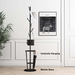 Modern Black and Gold Freestanding Coat Rack with Faux Marble Base